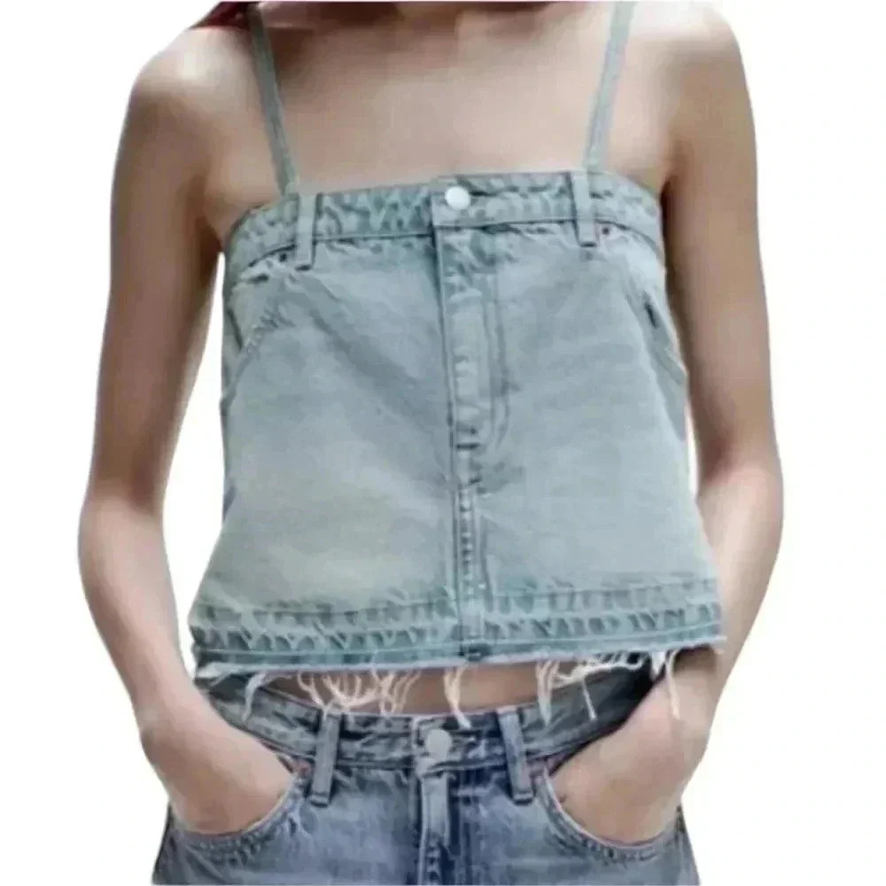 Zara Light Wash Denim Crop Top in Faded Blue